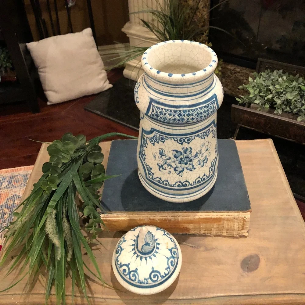 Large Benlloch Spanish Pitcher Vase Crackle Glaze Blue White 13.5 Inches Tall - Picture 4 of 8